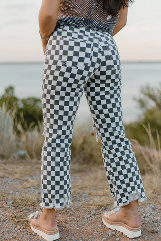 Checkered Distressed Straight Jeans